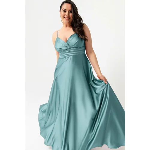 Lafaba Women's Plus Size Satin Long Evening &; Prom Dress with Turquoise Rope Straps