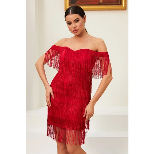 Carmen Red Tassels Low Sleeve Henna And After Party Dress