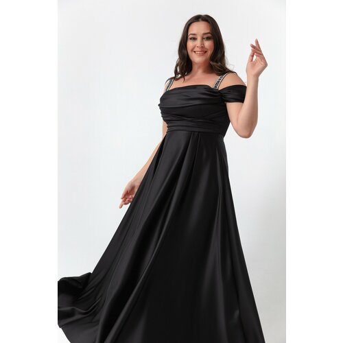Lafaba Women's Black Stone Strap Draped Plus Size Long Evening Dress Slike