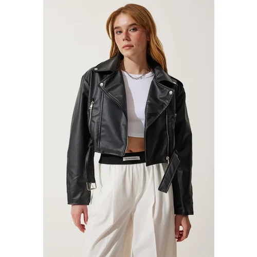  Women's Black Belted Short Faux Leather Jacket