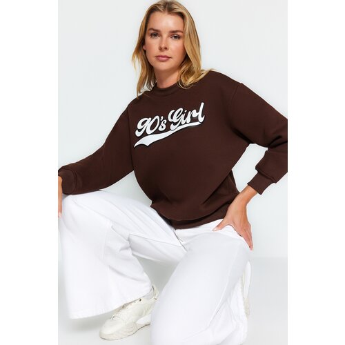 Trendyol Brown Thick Fleece Inside Printed Regular/ Regular Knitted Sweatshirt Slike