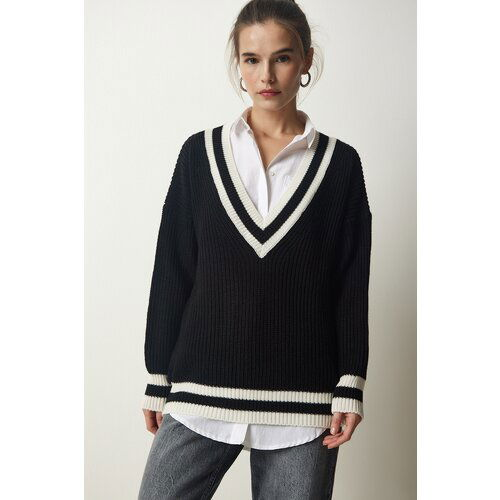 Happiness İstanbul Women's Black V-Neck Stripe Detailed Oversize Knitwear Sweater Slike