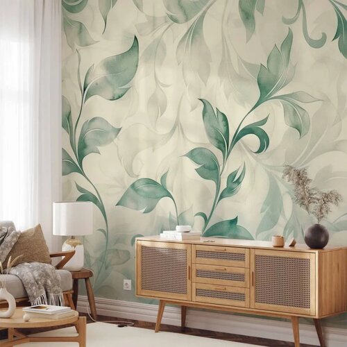  Foto tapeta - Watercolor Botanical Motif Delicate Green-Beige Leaves 245x175 Samoljepljiva Cijene