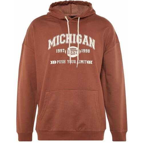 Trendyol Brown Men's Oversize Fit Hoodie Slogan Printed Sweatshirt Cene