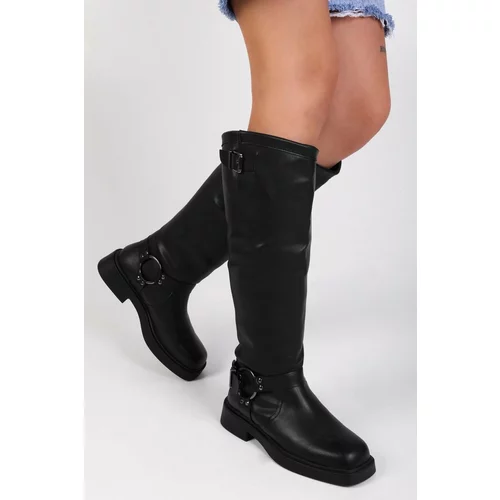 Shoeberry Women's Lottie Black Leather Buckle Boots