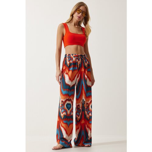  Women's orange navy blue patterned flowing viscose palazzo trousers Cene