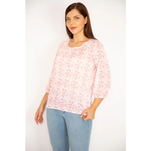 Şans Women's Plus Size Pink Patterned Blouse with Elastic Hem and Sleeves