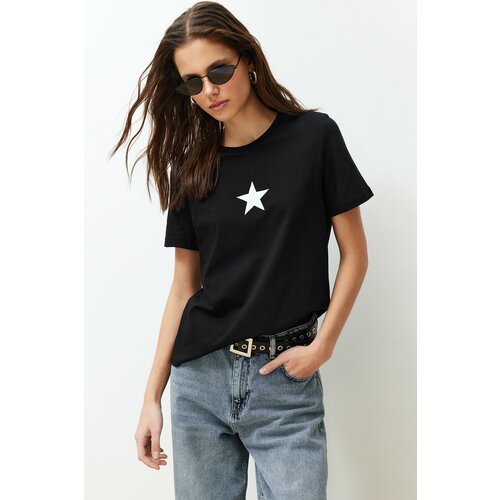 Trendyol Black 100% Cotton Star Printed Regular/Regular Fit Crew Neck Knitted T-Shirt Slike