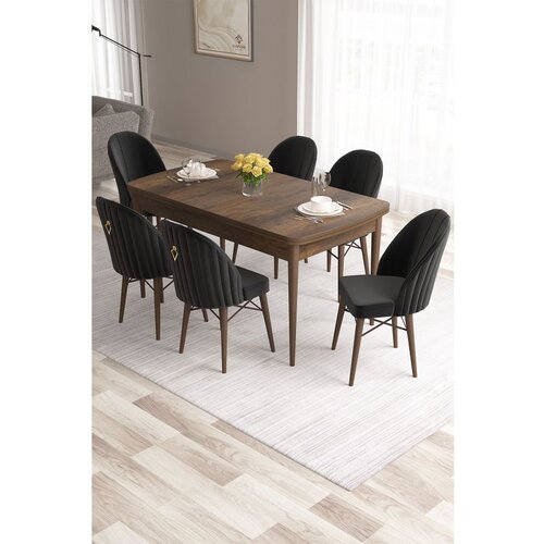 Hanah home Roz - Baroque, Black BaroqueBlack Extendable Dining Table & Chairs Set (7 Pieces) Cene