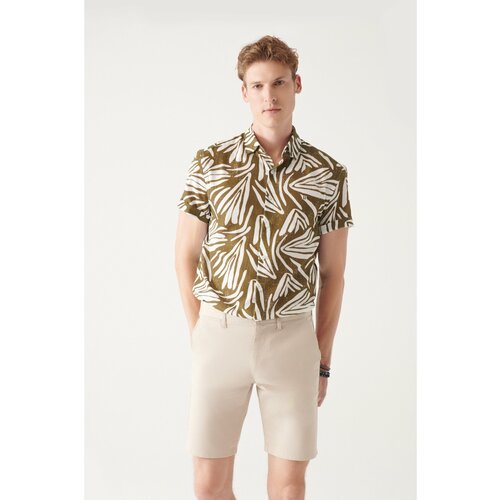 Avva Men's Khaki 100% Cotton Classic Collar Printed Short Sleeve Standard Fit Regular Cut Shirt Slike