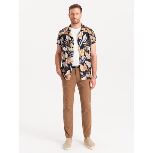 Ombre Men's chino pants with decorative waistband - brown Cene
