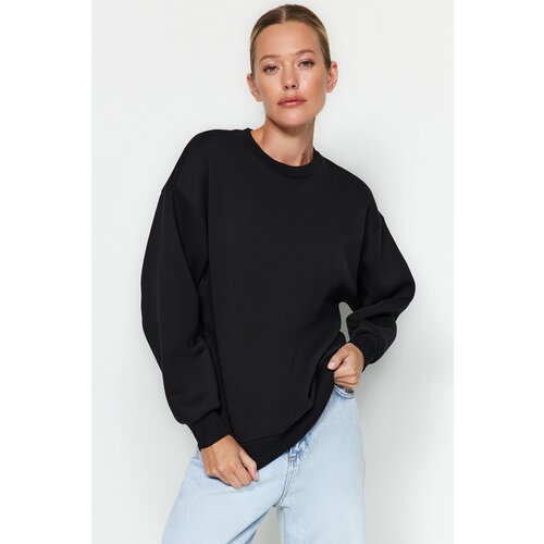 Trendyol Black Thick Fleece Inside Regular/Regular fit Crew Neck Basic Knitted Sweatshirt Slike