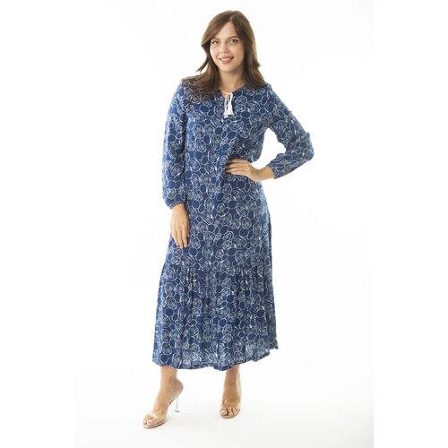 Şans Women's Plus Size Blue Woven Viscose Fabric Tiered Long Sleeve Dress Slike