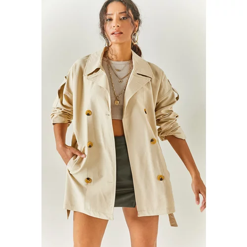 Olalook Women's Beige Belted Short Trench Coat Without Lining