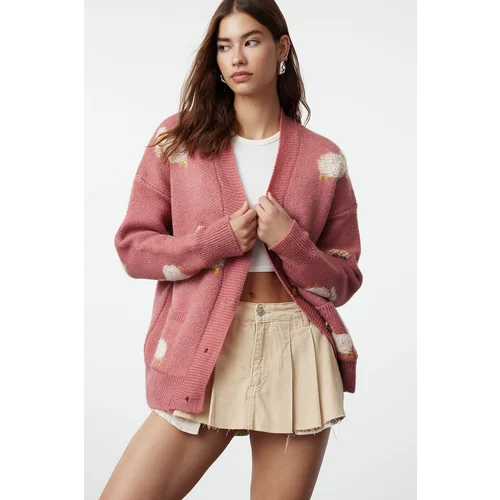 Trendyol Dusty Rose Soft Textured Animal Pattern Knitwear Cardigan