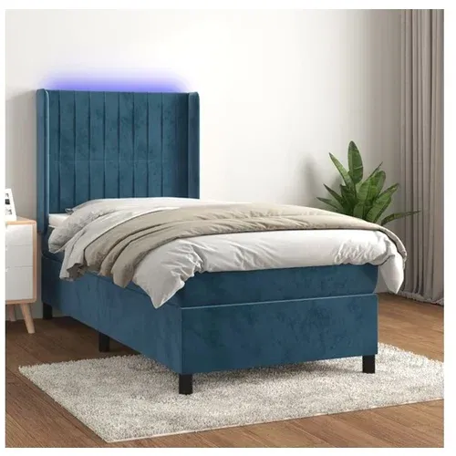  Box spring postelja z vzmetnico LED temno modra 90x190 cm žamet