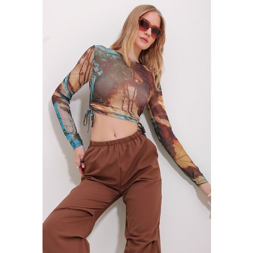 Trend Alaçatı Stili Women's Brown Crew Neck Digital Patterned Side Gathered Tulle Crop Blouse Cene