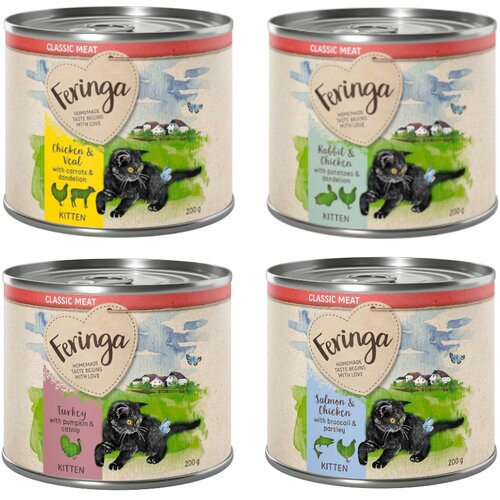  Varčno pakiranje Feringa Classic Meat meni Kitten 24 x 200 g - Me&scaron;ano pakiranje I (puran, pi&scaron;čanec & teletina, zajec & pi&scaron;čanec) Cijene