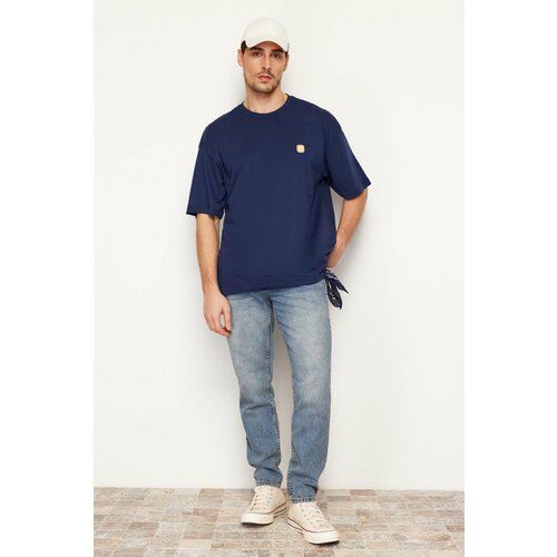 Trendyol Navy Blue Men's Oversize/Wide Cut Crew Neck Short Sleeve Embroidered 100% Cotton T-Shirt Slike