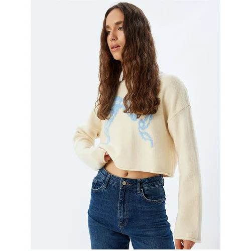 Koton Oversize Crop Sweater Bow Patterned Crew Neck Long Sleeve