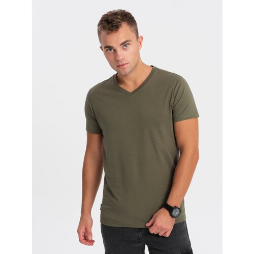 Ombre BASIC men's classic cotton T-shirt with a crew neckline - dark olive Cene