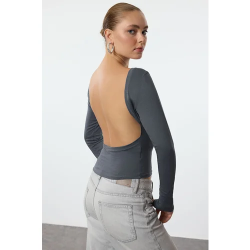 Trendyol Anthracite Deep Backless Fitted Cotton Stretchy Knitted Blouse