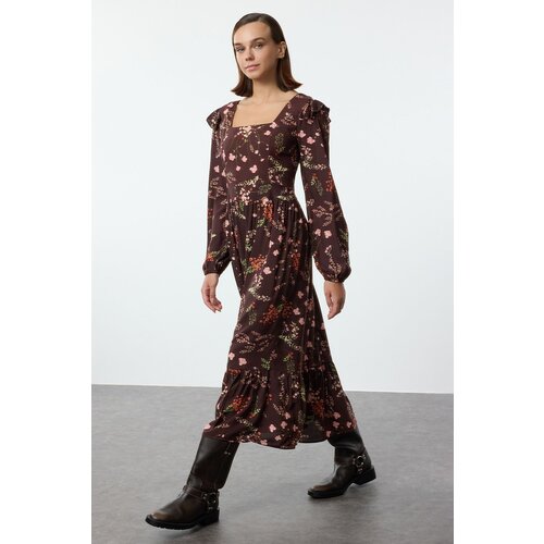 Trendyol Brown Floral A-Line Ruffle 100% Viscose Woven Dress Cene