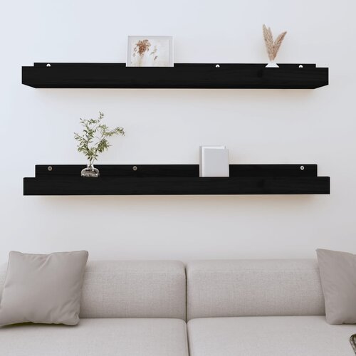 VidaXL Zidne police 2 kom crne 110 x 12 x 9 cm od masivne borovine Slike