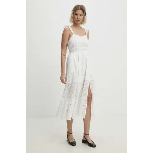 Answear Lab Pamučna haljina boja: bijela, midi, širi se prema dolje