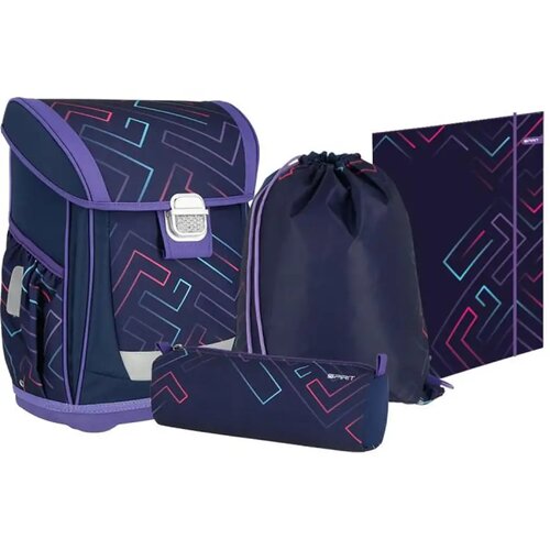 Spirit color lines &amp;scaron;kolska torba s ljubičastom pozadinom i &amp;scaron;arenim linijama, ruksak set od 4 komada 41x20x32cm Slike
