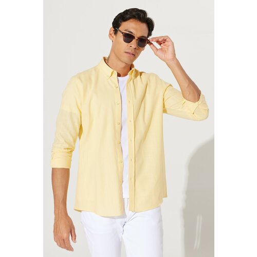 AC&Co / Altınyıldız Classics Men's Yellow Tailored Slim Fit Slim-fit Oxford Buttoned Collar Linen-Looking 100% Cotton Flared Shirt. Slike