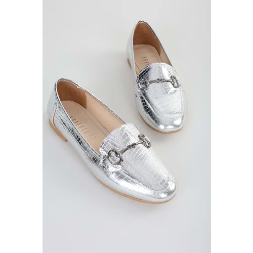 Shoeberry Women's Tiana Silver Crocodile Buckle Casual Loafer