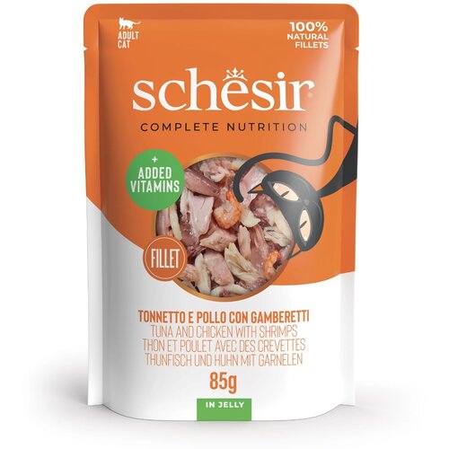 Schesir Cat Tuna in pi&amp;scaron;čančji file s kozicami v želeju 85 g vrečkake Slike