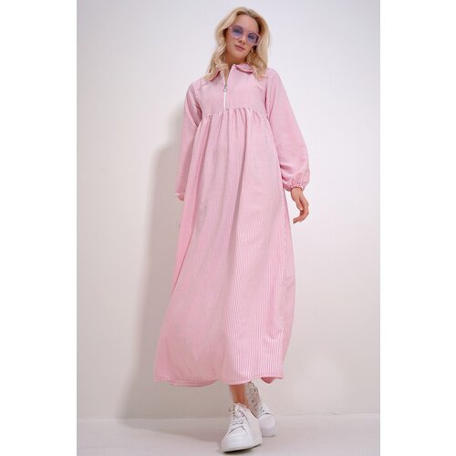 Trend Alaçatı Stili women's Pink Shirt Collar Zippered Front Striped Woven Maxi Dress Cene