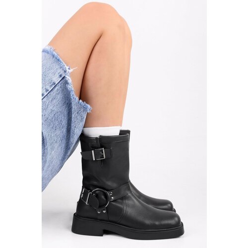 Shoeberry Women's Brocks Black Skin Buckle Thick Sole Boots Slike