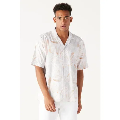 AC&Co / Altınyıldız Classics Men's Beige-brown Oversized Loose Cut Cuban Collar 100% Cotton Printed Short Sleeve Shirt.
