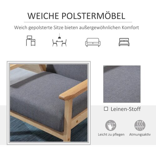  Fotelja u skandinavskom stilu ukrasna stolica puno drvo izgled lana 64 cm x 70 cm x 72 cm siva + prirodna Slike