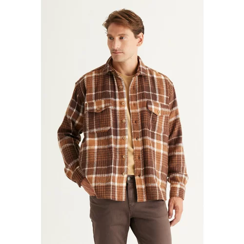 AC&Co / Altınyıldız Classics Men's Mink-brown Oversize Wide Cut Buttoned Collar Plaid Winter Shirt Jacket