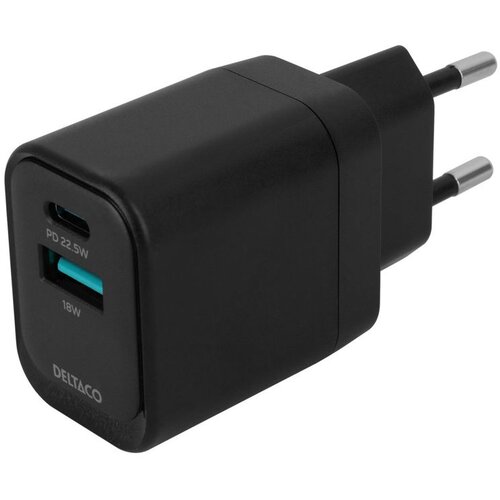 Deltaco Kućni punjač s 1x USB-A 18 W i 1x USB-C PD 20 W, Crni Cijene