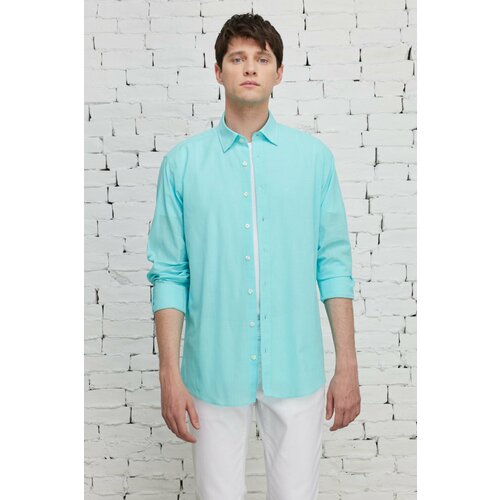 AC&Co / Altınyıldız Classics Men's Turquoise Comfort Fit Relaxed Cut Concealed Button Collar 100% Cotton Flamed Shirt Cene