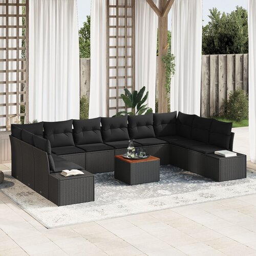 VidaXL 11-delni vrtni sofa set z blazinami črn poliratan akacija Slike