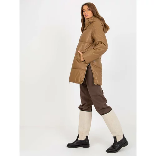 Fashion Hunters Camel winter jacket made of eco-leather with quilting