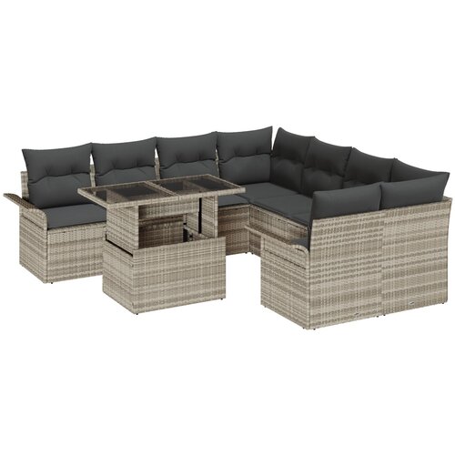 VidaXL 9-dijelni set vrtnih sofa s jastučićima svjetlosiva poli ratan, 2-osobna vrtna sofa s pohranom i jastučićima svjetlosiva poli ratan Slike