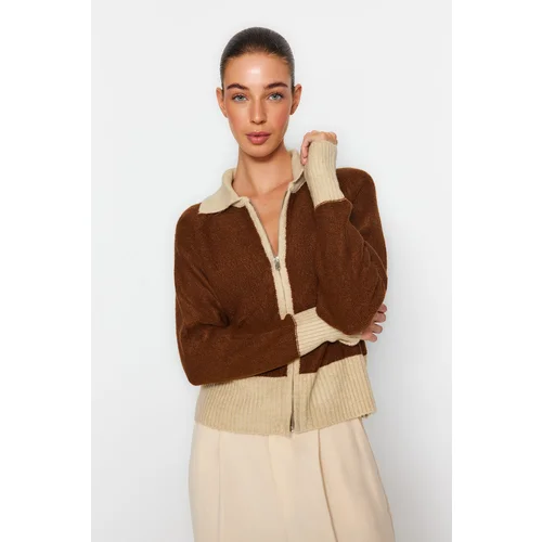 Trendyol Stones Soft Textured Zippered Color Block Knitwear Cardigan