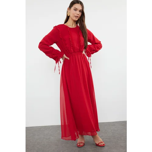 Trendyol Red Sleeve Ruffle Detailed Woven Chiffon Dress