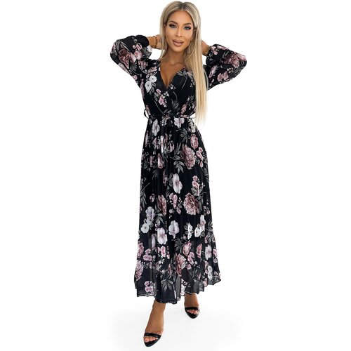 Numoco basic Pleated midi dress with neckline, long sleeves and tie at the waist Numoco Slike