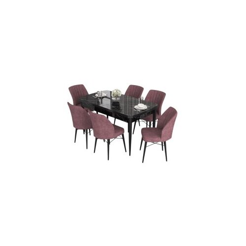 Hanah home eva - black marble, dusty rose black marbledusty rose extendable dining table & chairs set (7 pieces) Cene