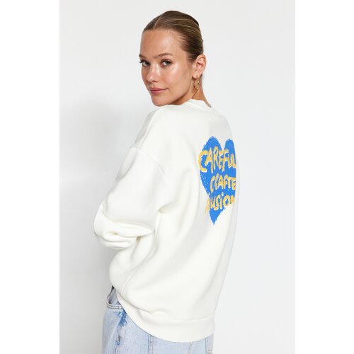 Trendyol Thick Ecru with Fleece Inside. Embossed Chest and Back Print Oversized Knitted Sweatshirt Cene