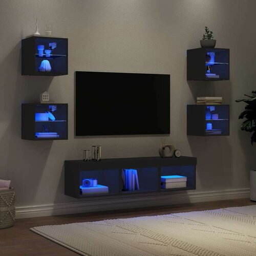  7-dijelni zidni TV elementi s LED svjetlima crni drveni Cijene