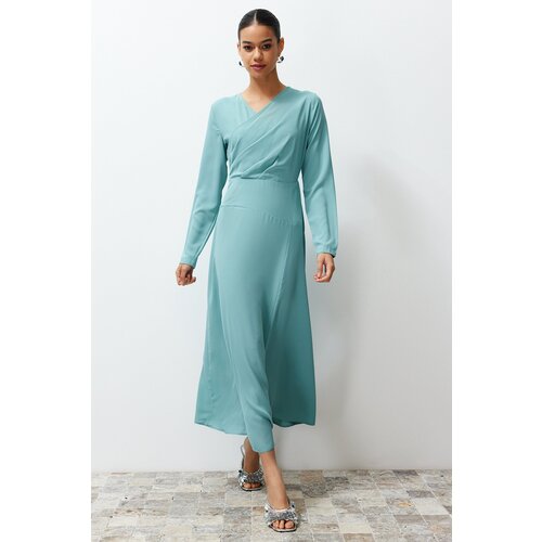 Trendyol Khaki Double Breasted Neck Woven Satin Evening Dress Cene